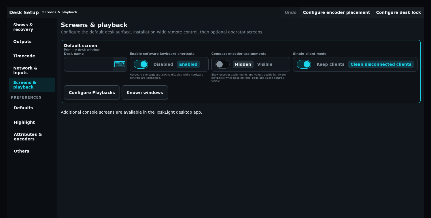 Default screen and playback configuration