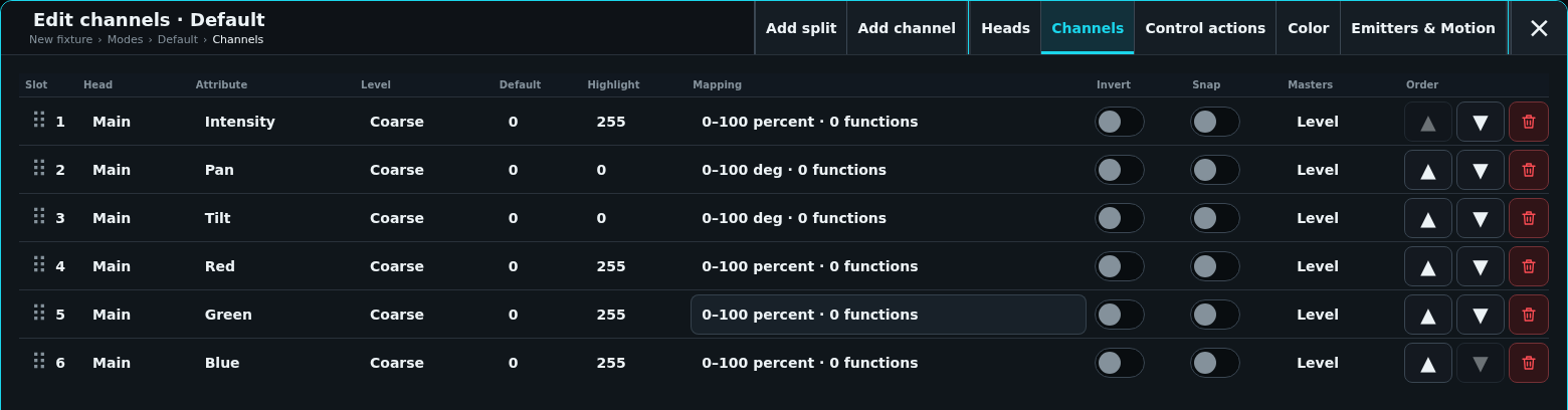 Nested fixture mode editor with Heads, Channels, Color, and Geometry tabs