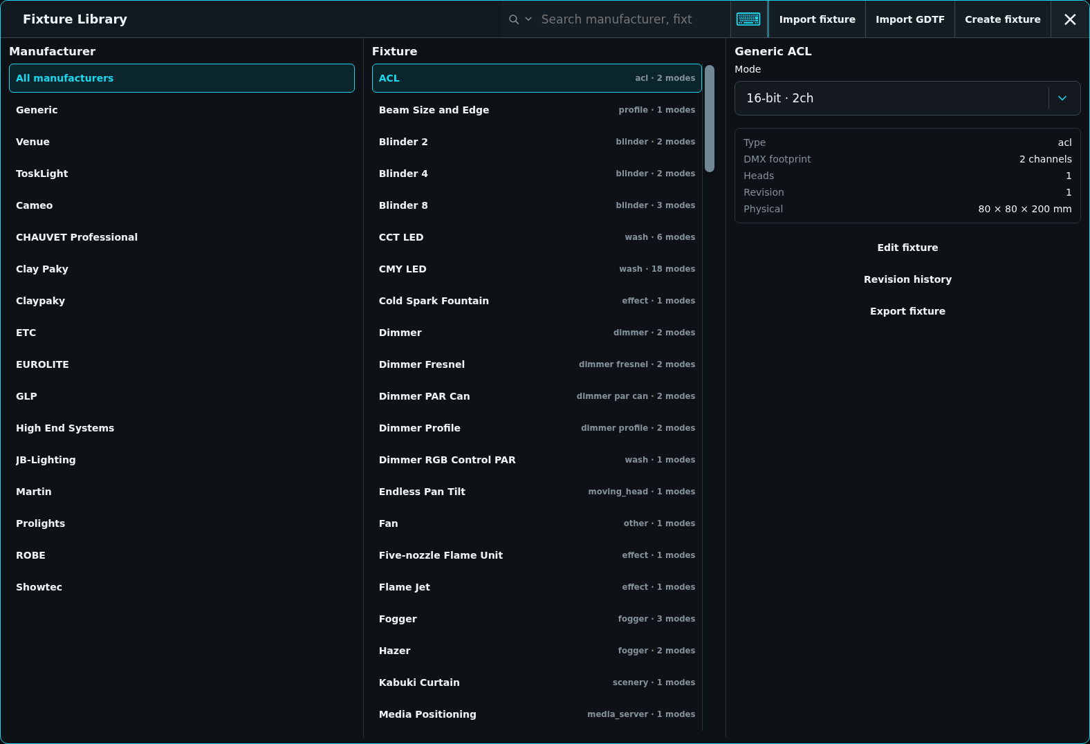 Fixture-library manufacturers, modes, footprint, heads, and revision