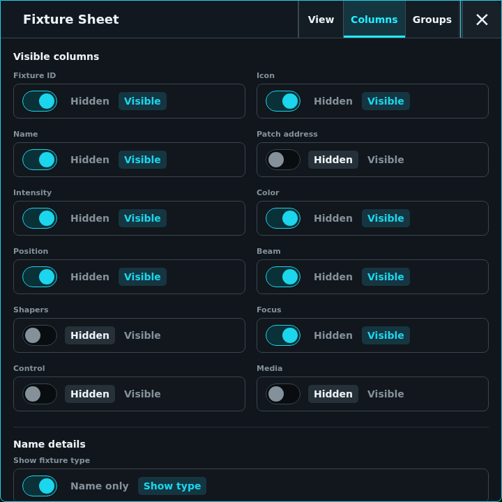 Full Fixture Sheet column controls
