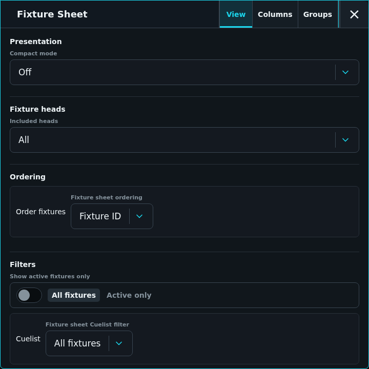 Full Fixture Sheet view controls