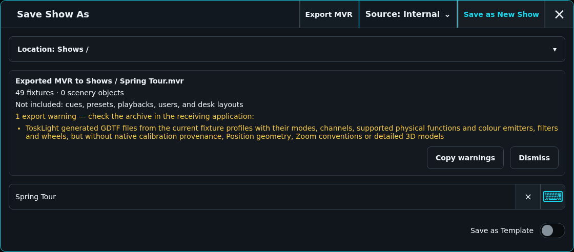 Save Show As showing the summary and warnings of an MVR export