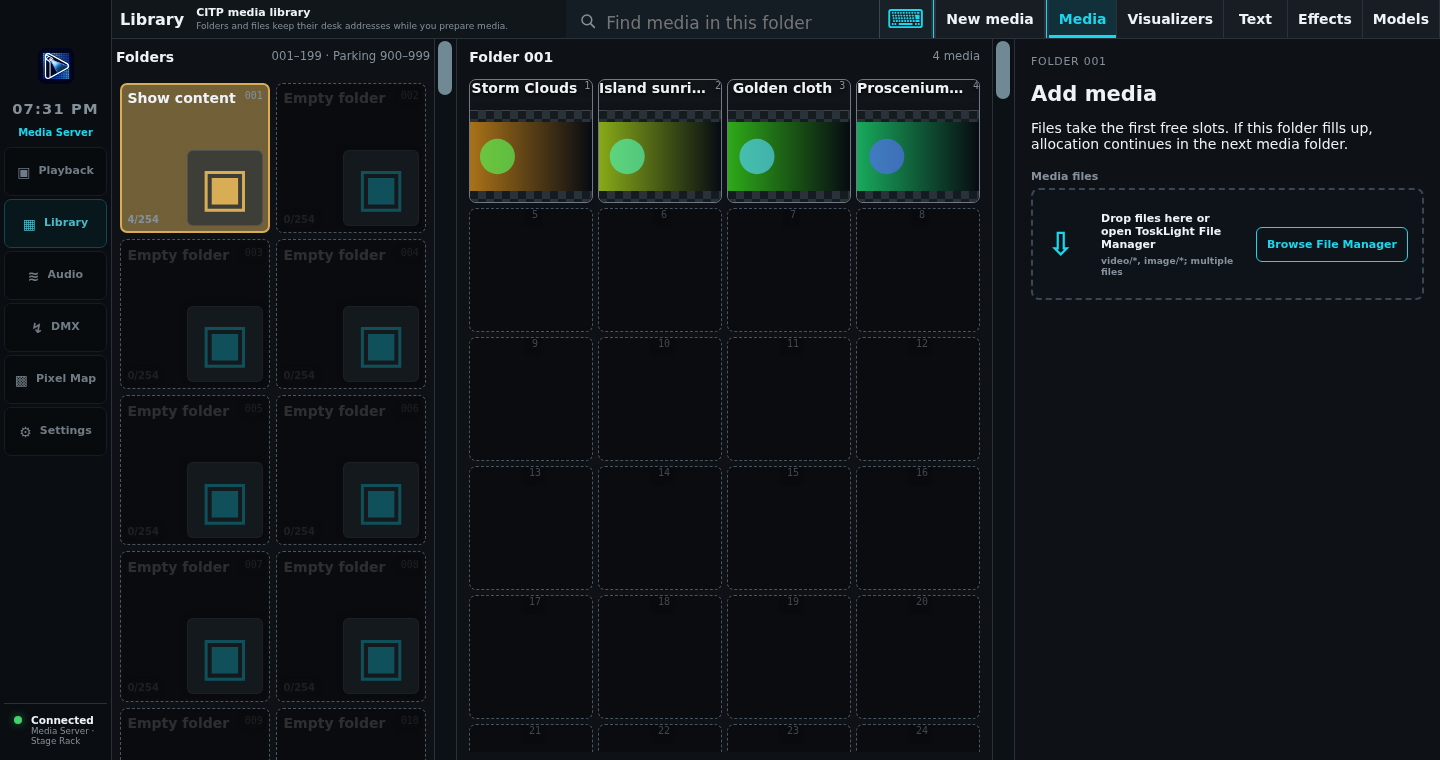 Addressed media folders, file slots, and inspector
