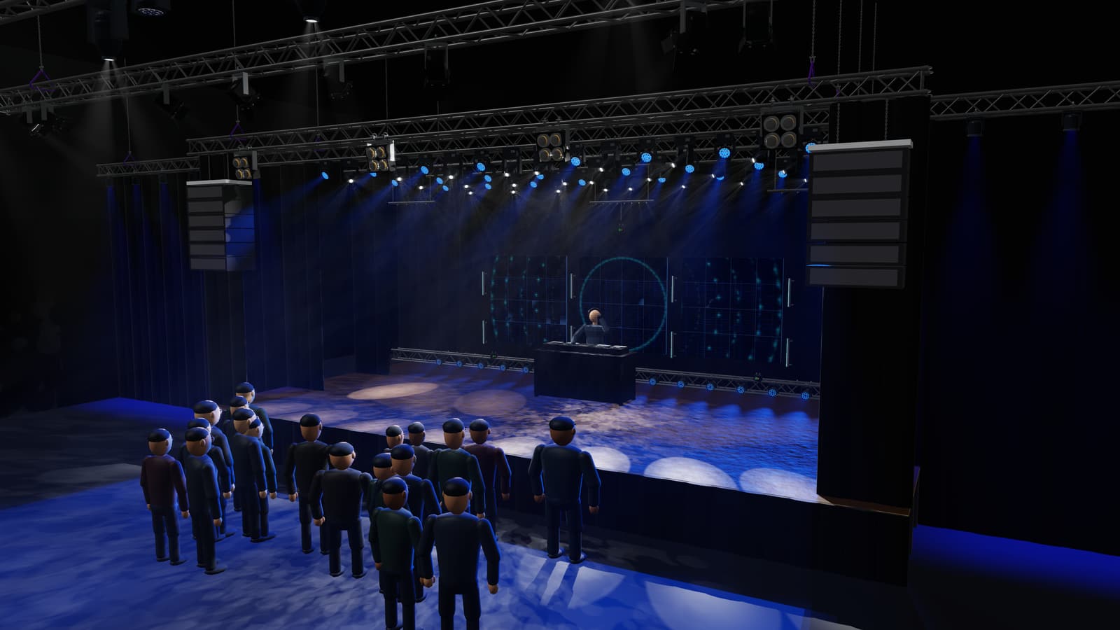 Ultra 4K venue render with mapped video walls and an audience in ToskLight Architect