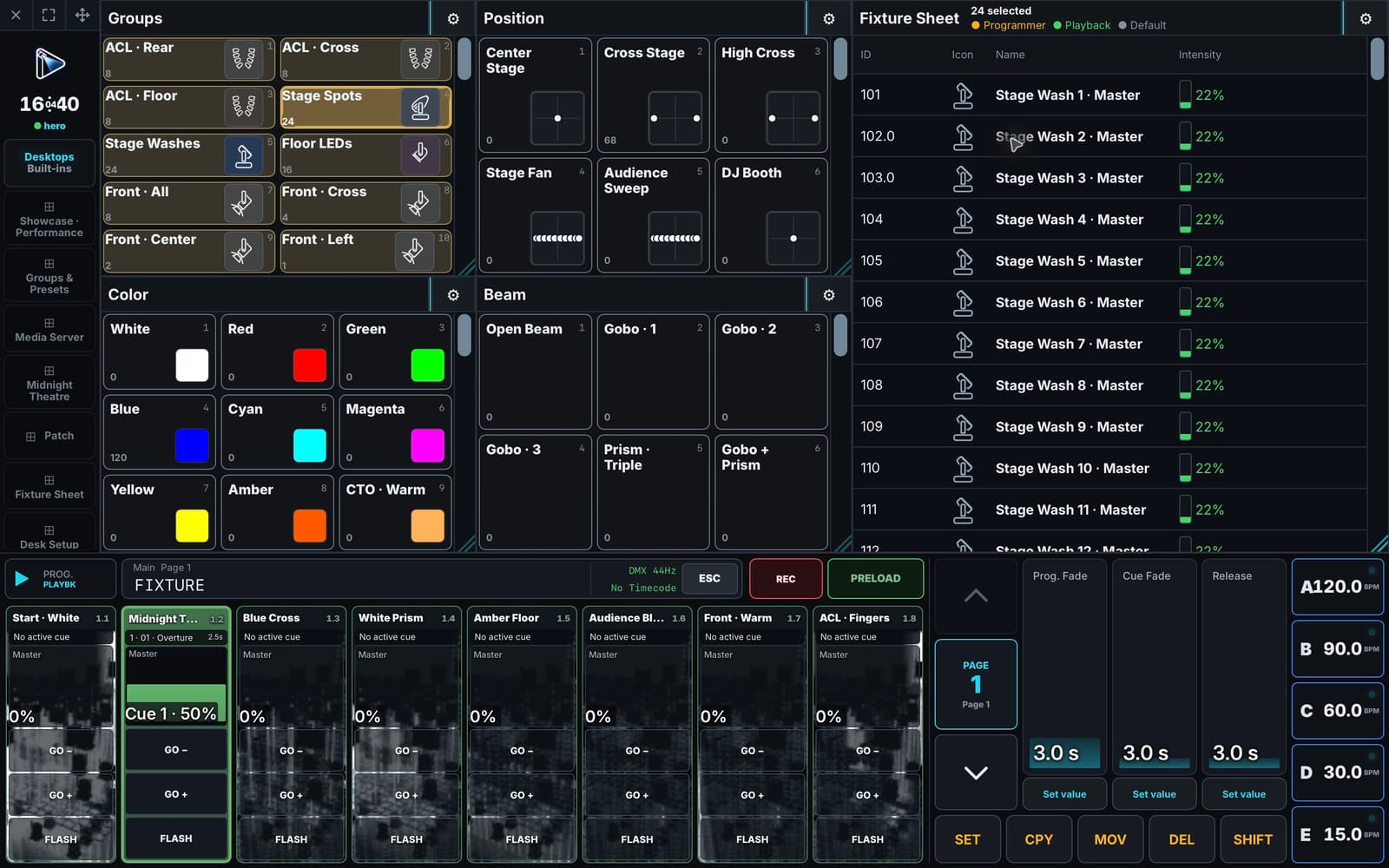 ToskLight Control with eight playbacks below and Fixture Sheet on the right