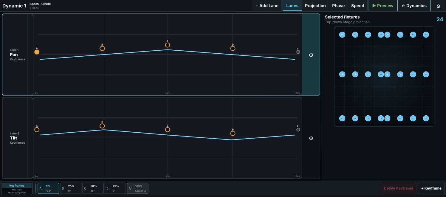 Desk-style Effect Engine: Shape functions and keyframes, distribute effects across the rig, and keep them on the beat.