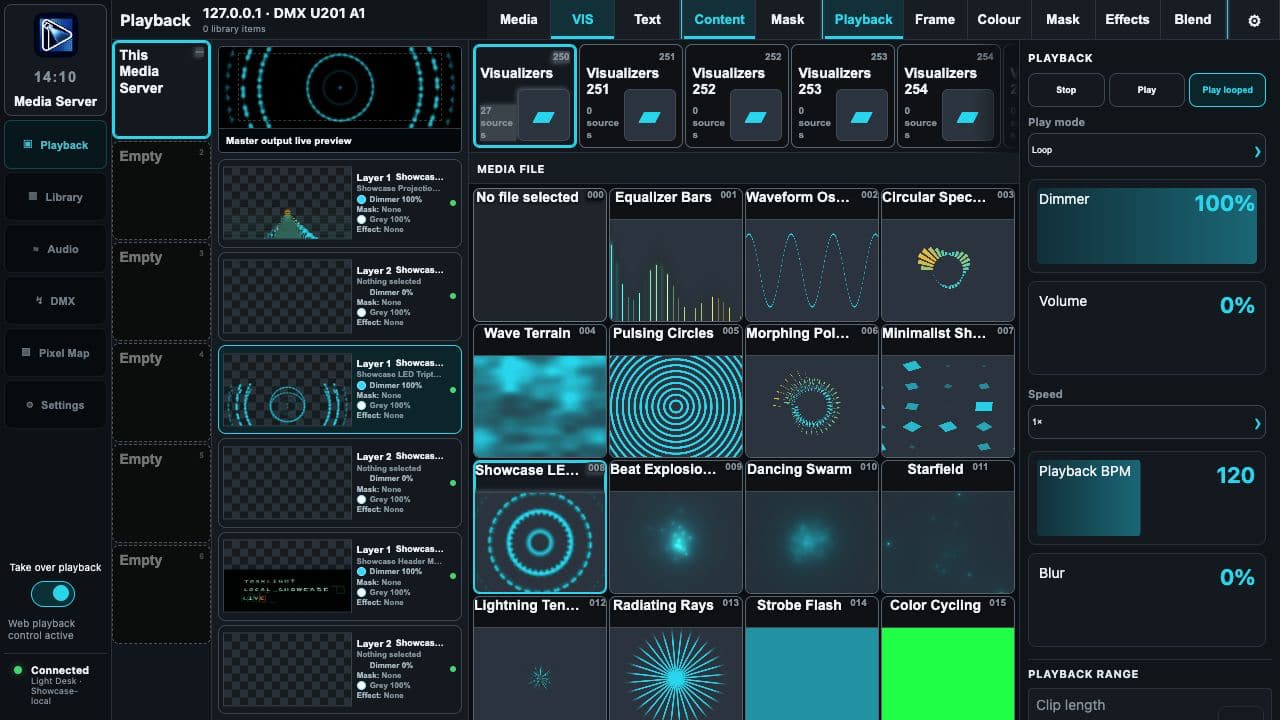 Control via DMX or in the Browser: Run Pixel from a lighting desk over Art-Net or sACN, or operate its live controls in your browser.